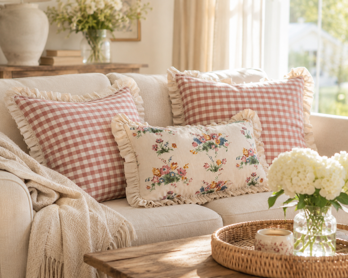 Gingham Floral Cottage Ruffled Cotton Pillow Covers - Set of 3
