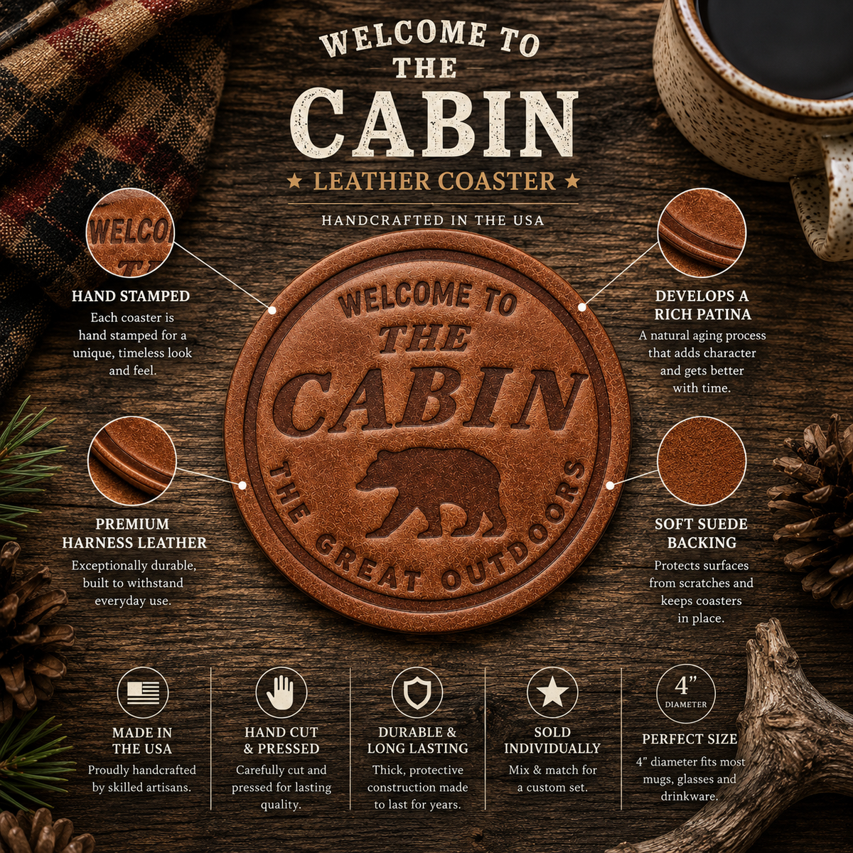 Welcome to Our Cabin Leather Coaster