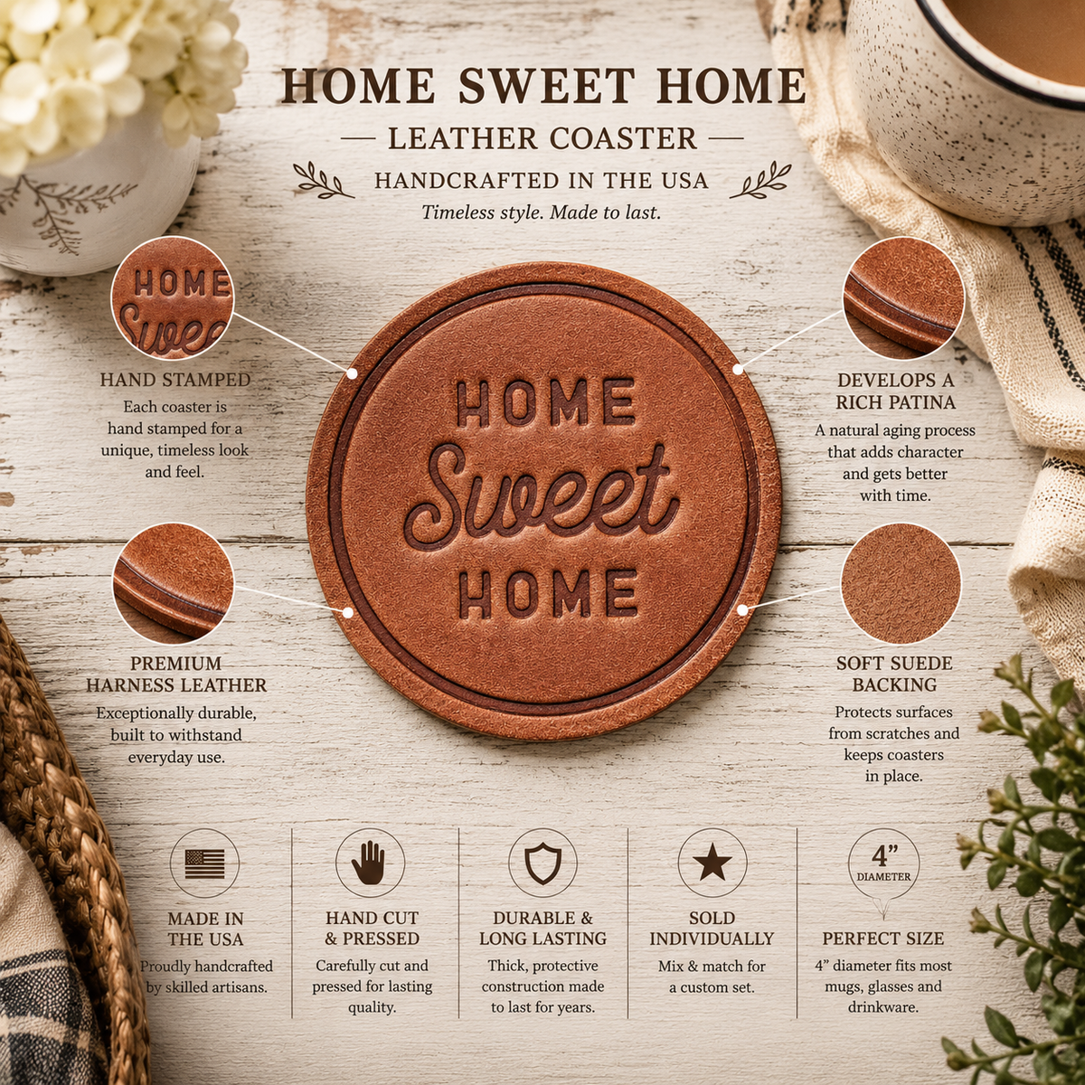 Home Sweet Home Leather Coaster