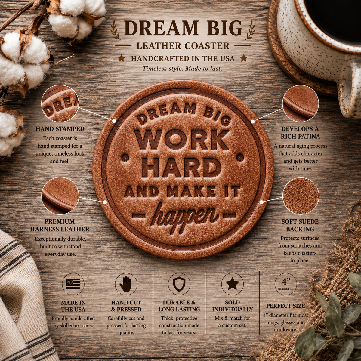 Dream Big Work Hard Leather Coaster