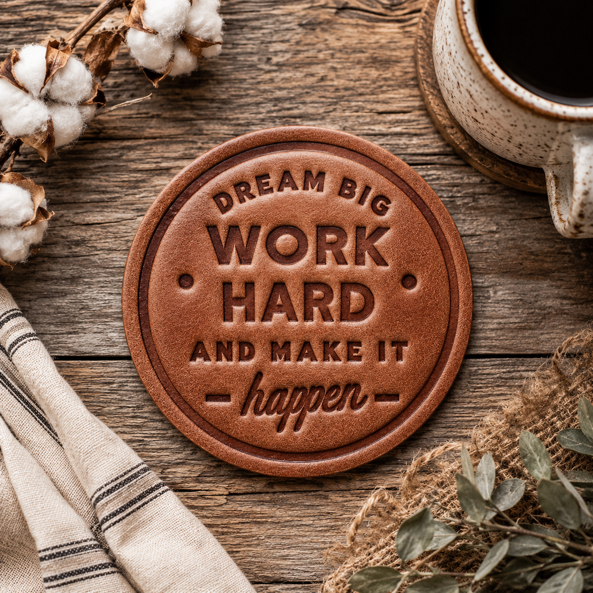 Dream Big Work Hard Leather Coaster