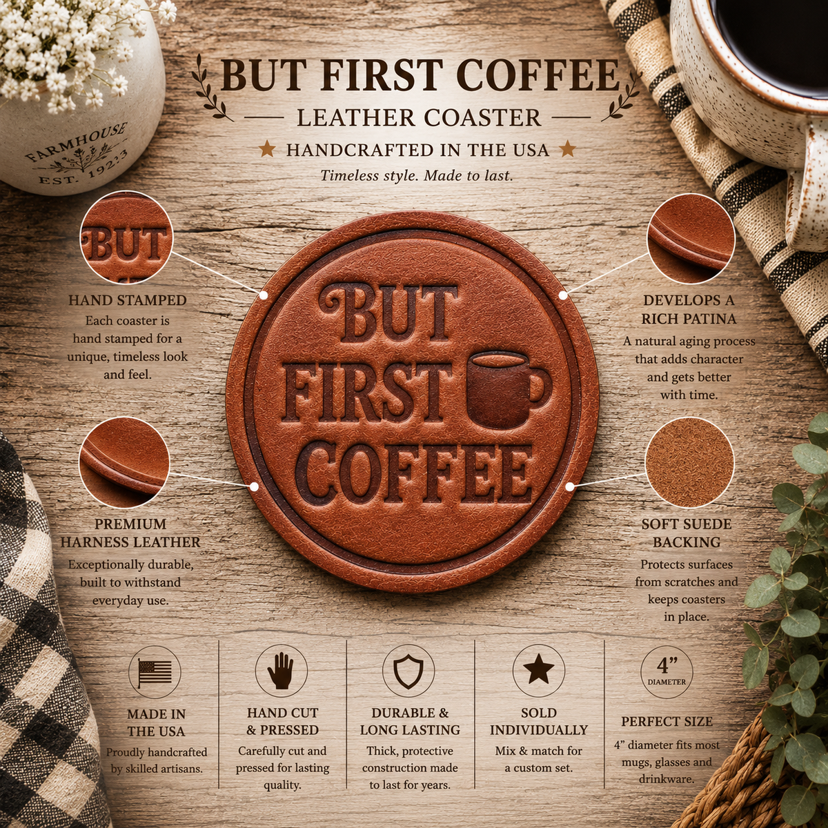 But First Coffee Leather Coaster