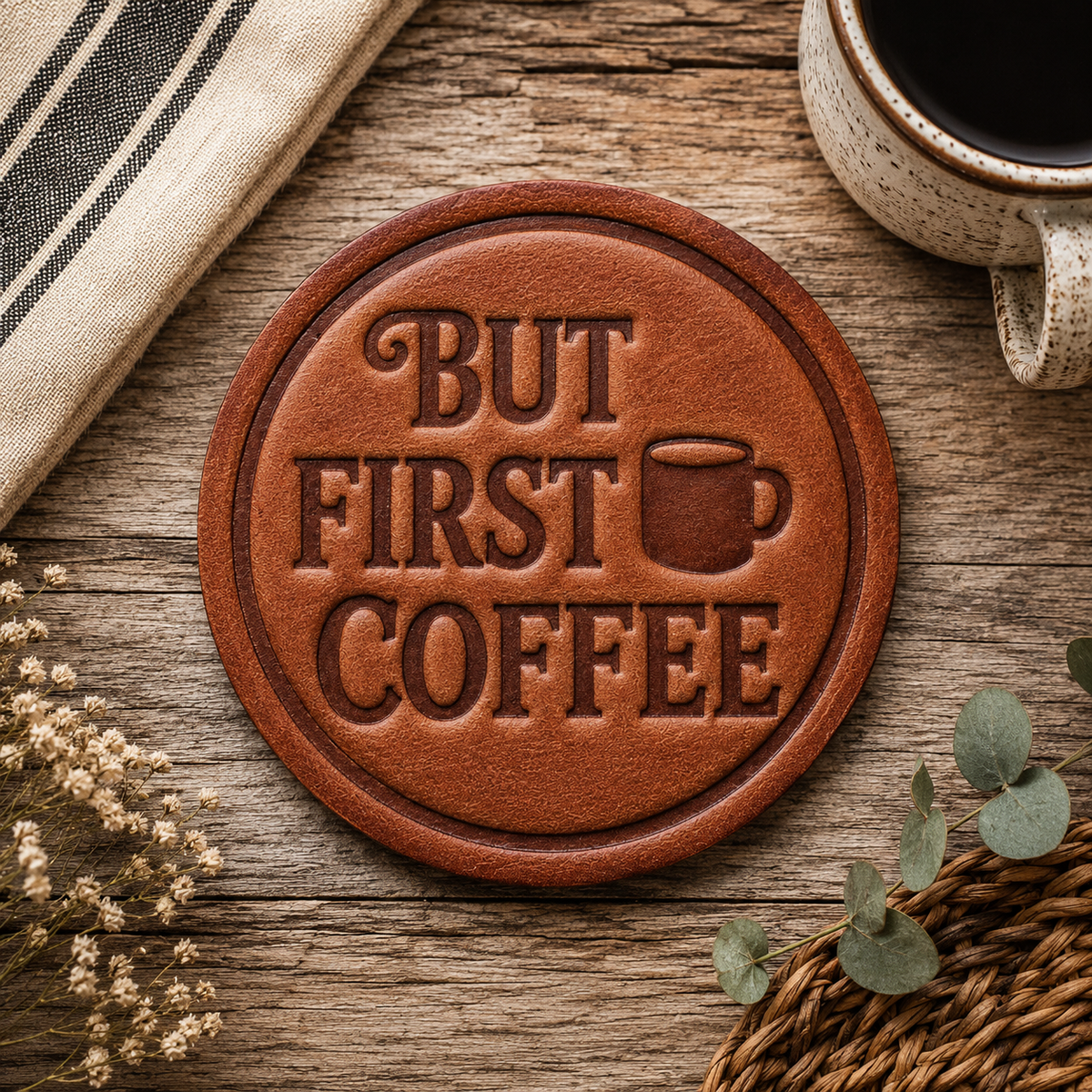 But First Coffee Leather Coaster