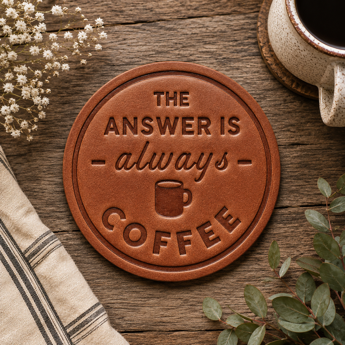 The Answer is Always Coffee Leather Coaster