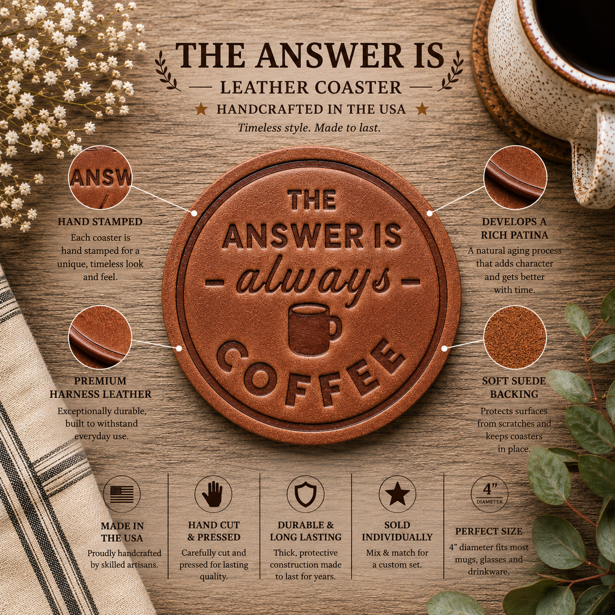 The Answer is Always Coffee Leather Coaster