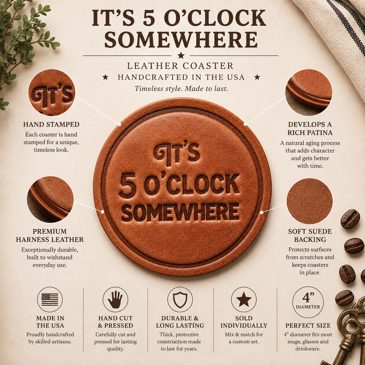 It's 5 O'clock Somewhere Leather Coaster
