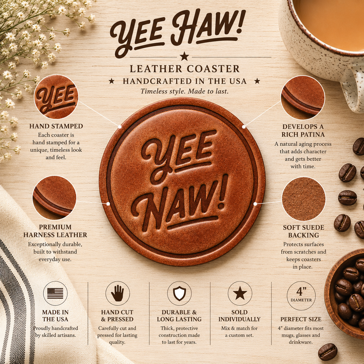 Yeehaw! Leather Coaster