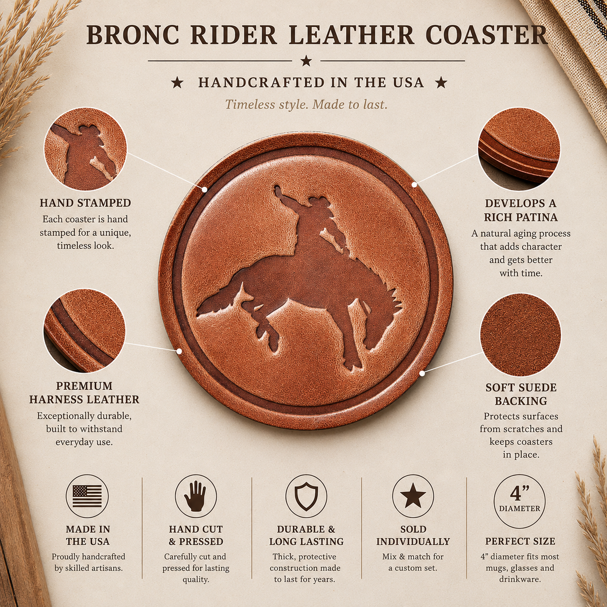 Bucking Bronco Leather Coaster