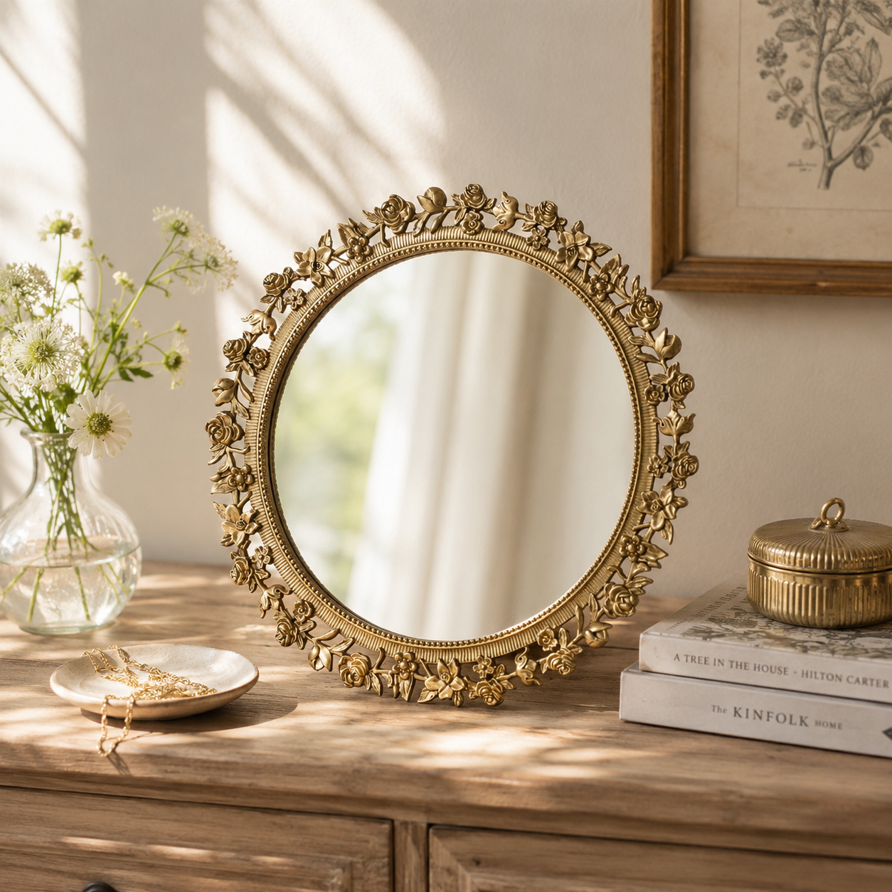 Brass Floral Round Table Mirror