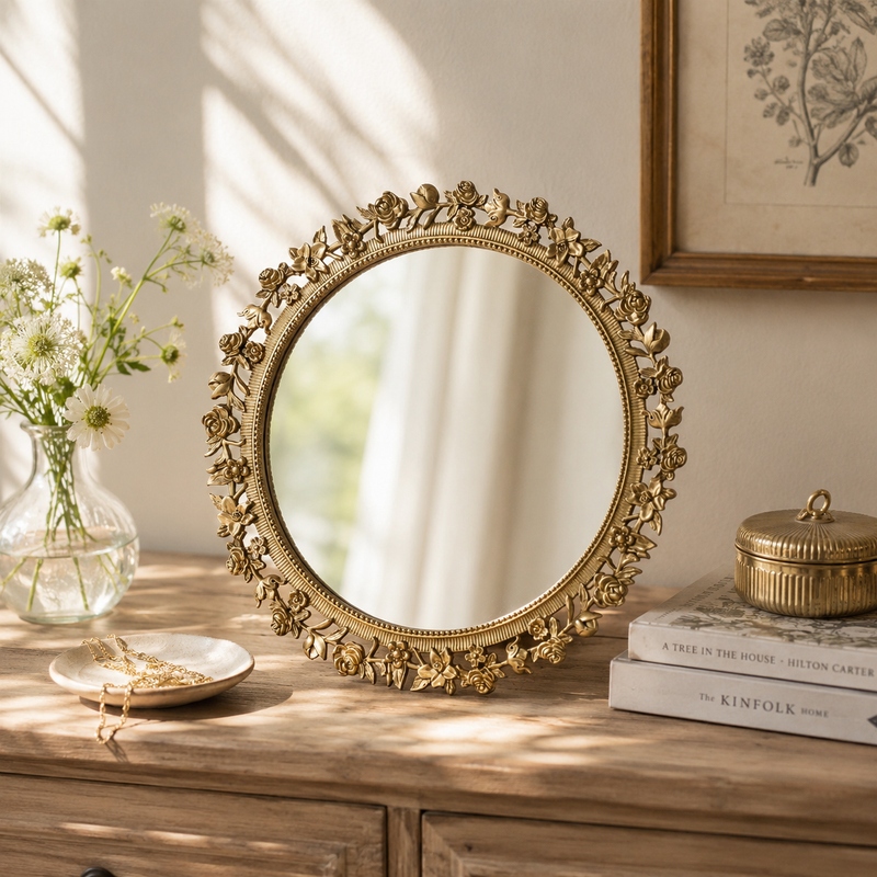 Brass Floral Round Table Mirror