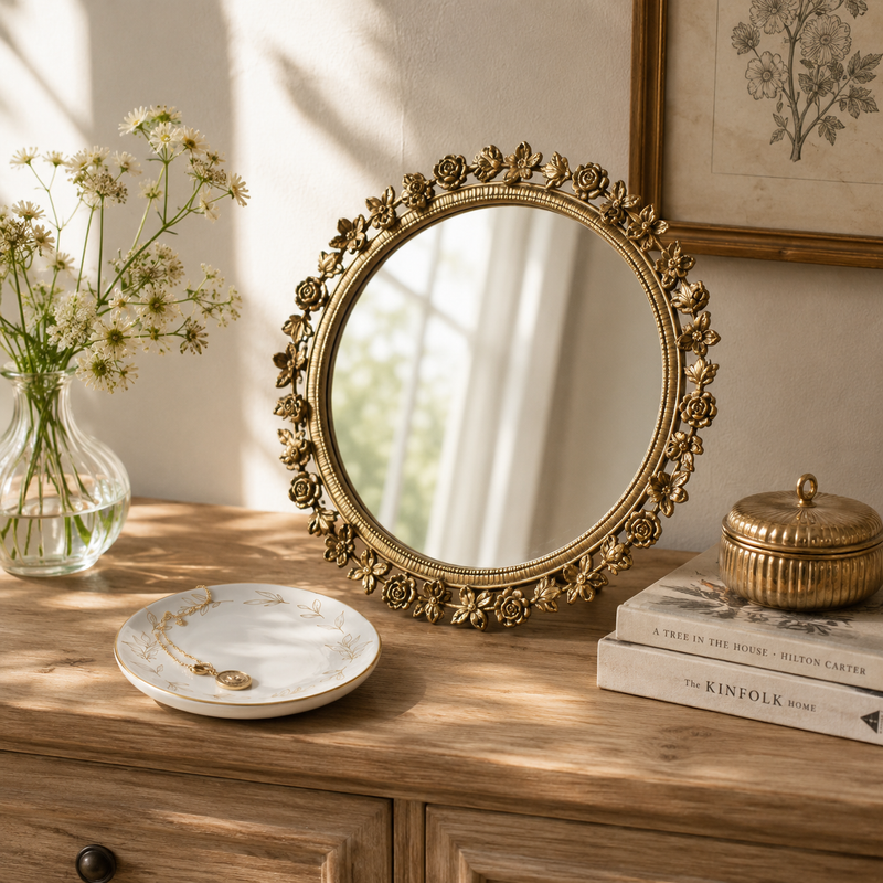 Brass Floral Round Table Mirror