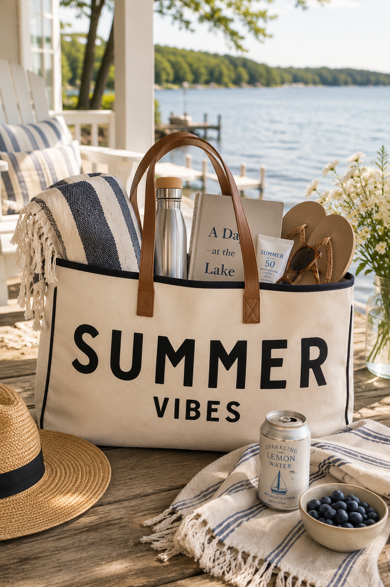 SUMMER VIBES CANVAS AND LEATHER TOTE