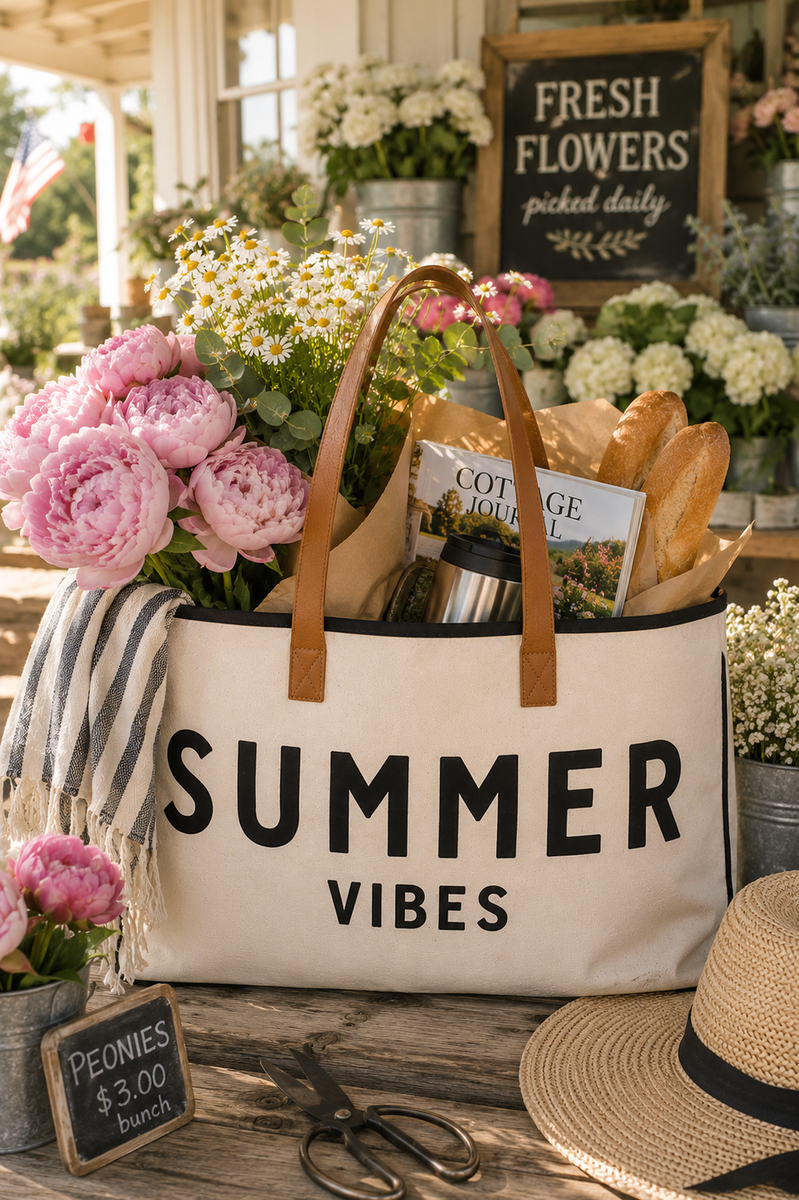 SUMMER VIBES CANVAS AND LEATHER TOTE