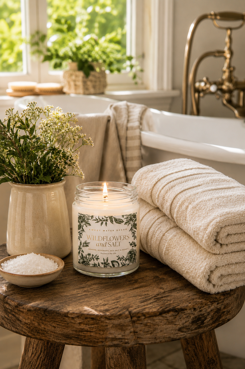 Wildflowers + Salt Green Delft Candle
