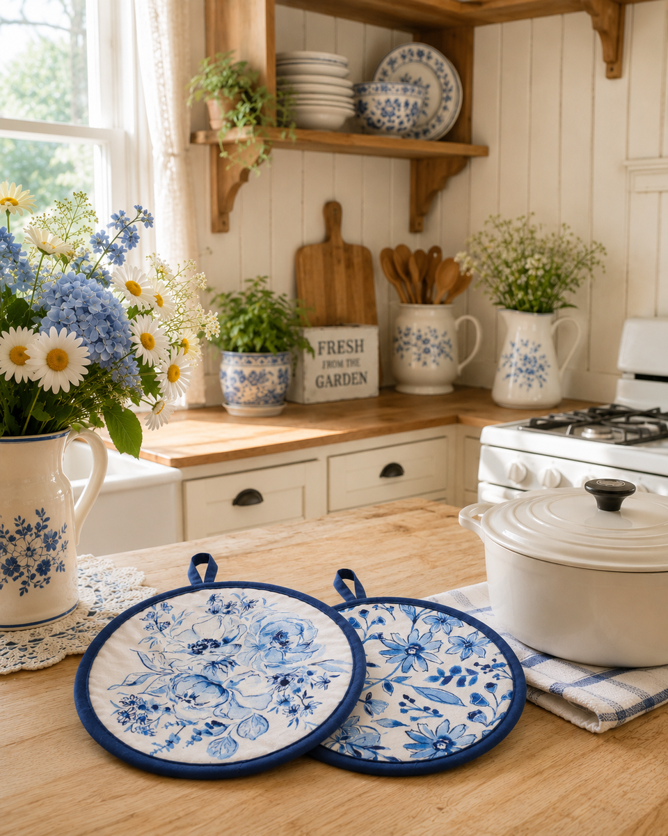 Blue Floral Cottage Farmhouse Hot Pad Set