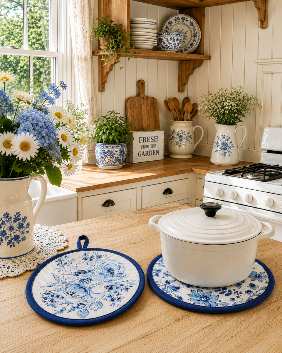 Blue Floral Cottage Farmhouse Hot Pad Set
