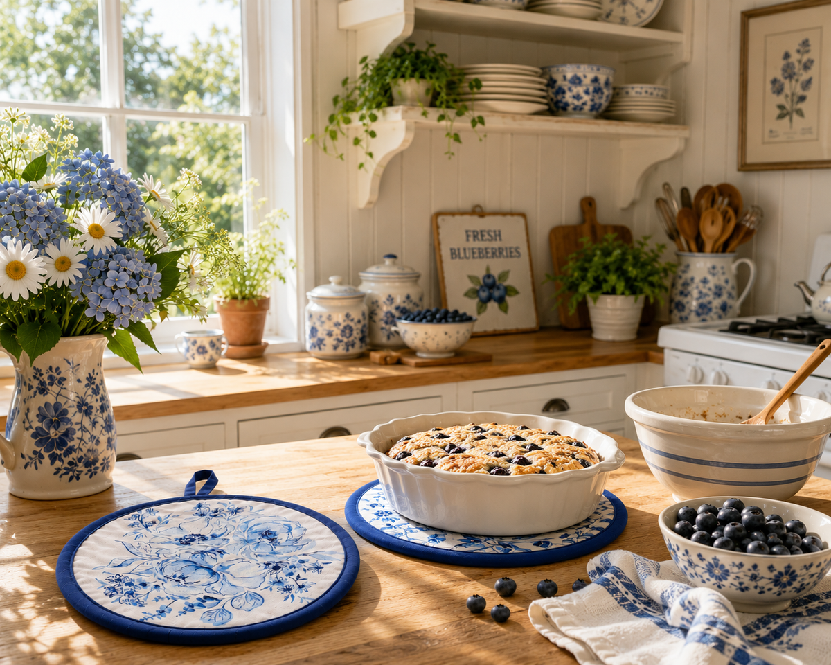 Blue Floral Cottage Farmhouse Hot Pad Set