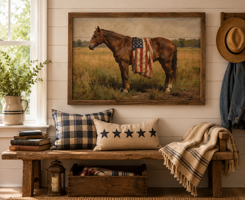 Bay Mare Horse with American Flag Americana Wall Art