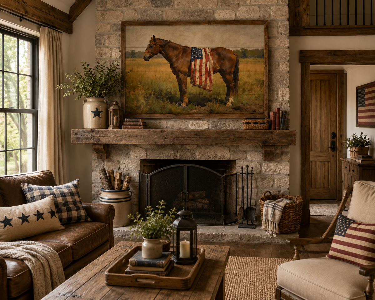 Bay Mare Horse with American Flag Americana Wall Art