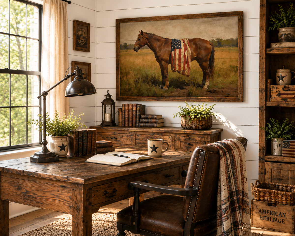 Bay Mare Horse with American Flag Americana Wall Art