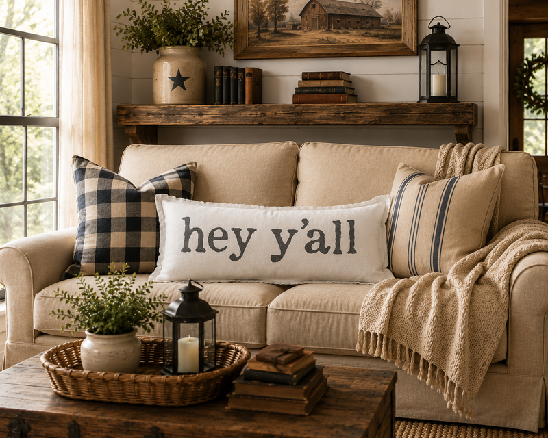 Hey Y’all Farmhouse Lumbar Pillow