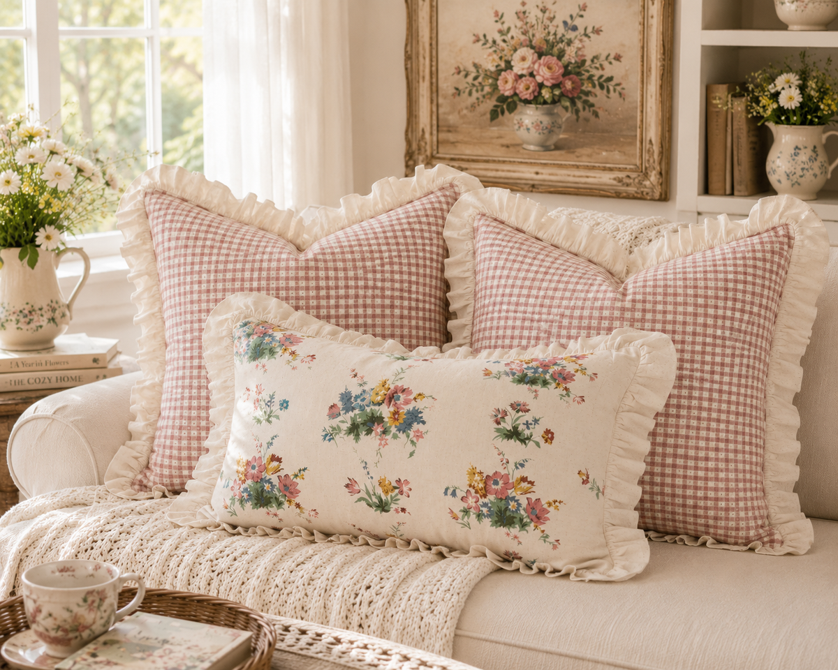 Gingham Floral Cottage Ruffled Cotton Pillow Covers - Set of 3
