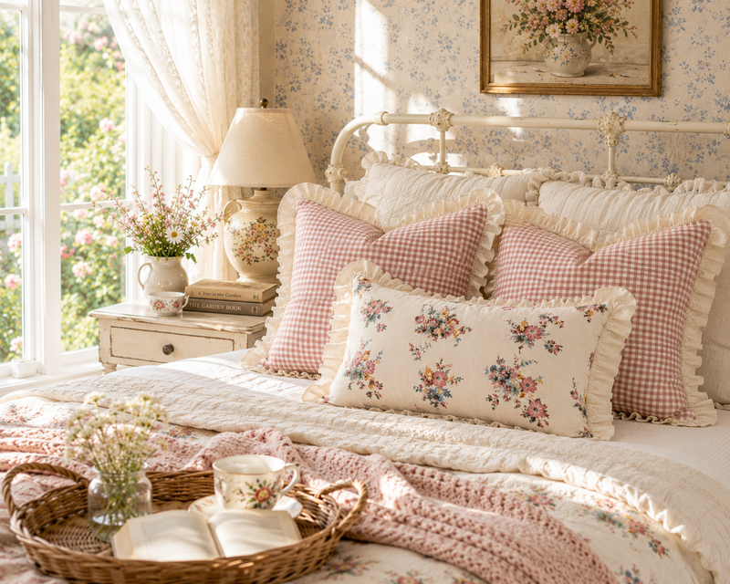 Gingham Floral Cottage Ruffled Cotton Pillow Covers - Set of 3