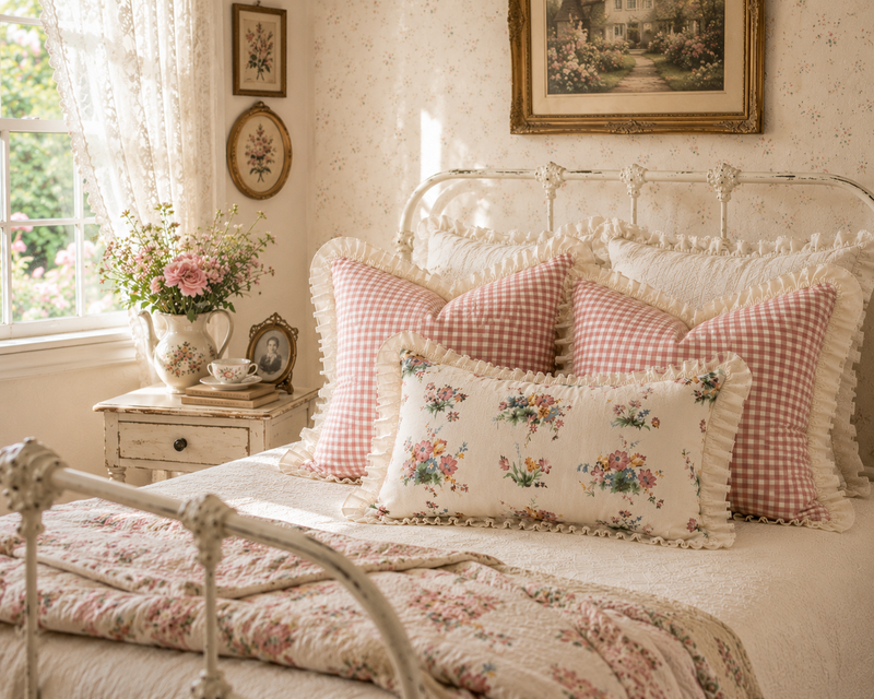 Gingham Floral Cottage Ruffled Cotton Pillow Covers - Set of 3