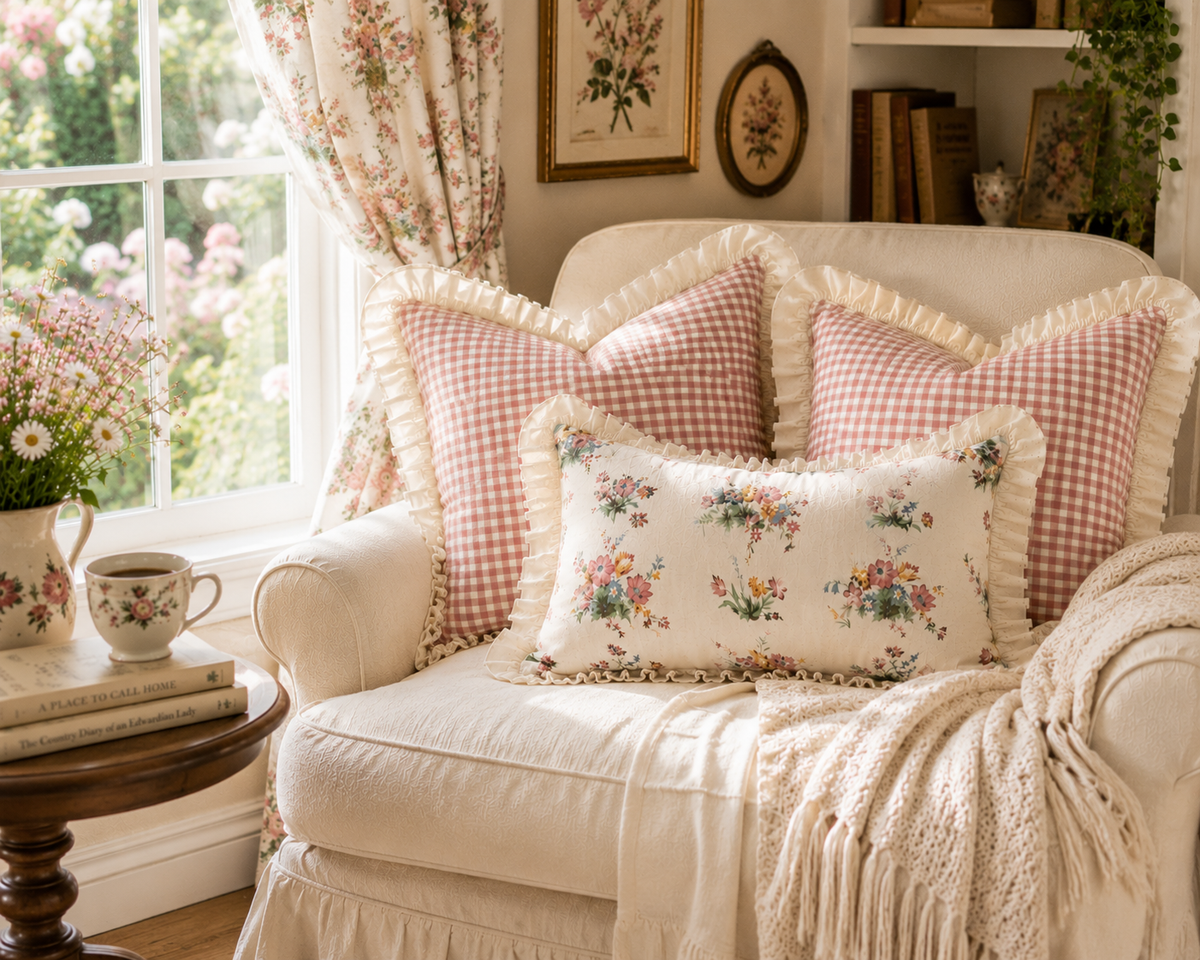 Gingham Floral Cottage Ruffled Cotton Pillow Covers - Set of 3