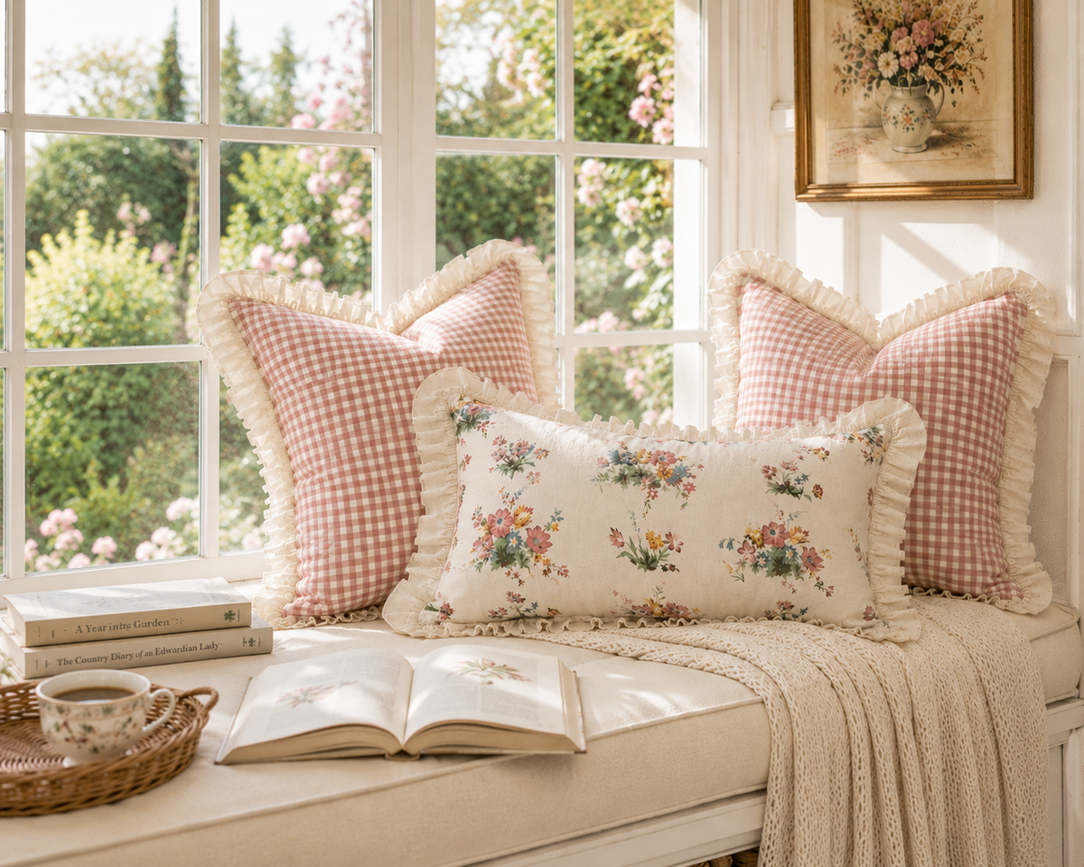 Gingham Floral Cottage Ruffled Cotton Pillow Covers - Set of 3