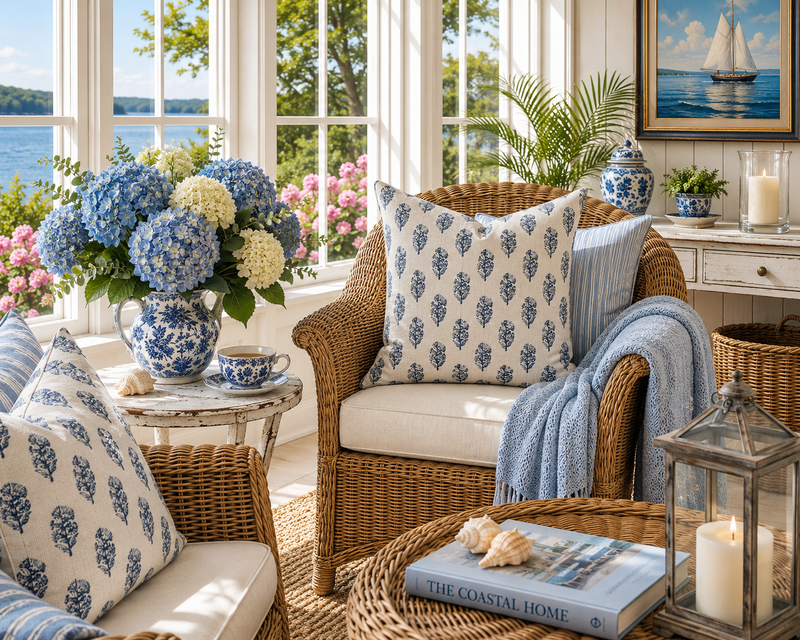Coastal Blue Floral Cottage Farmhouse Pillow