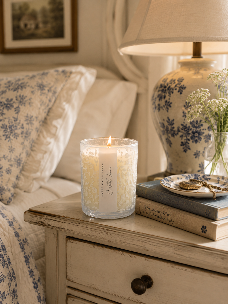 Coastal Lemon Blue Floral Candle