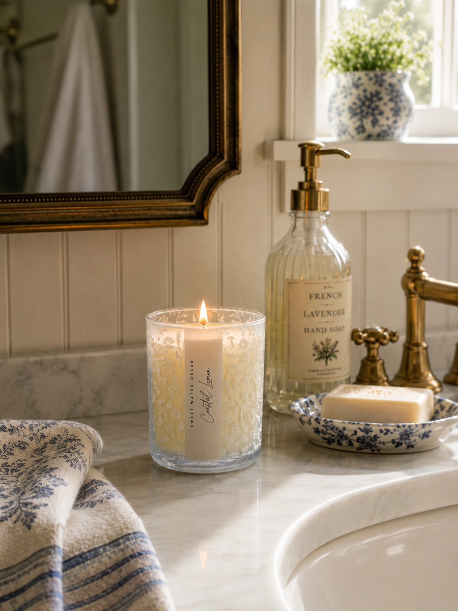 Coastal Lemon Blue Floral Candle