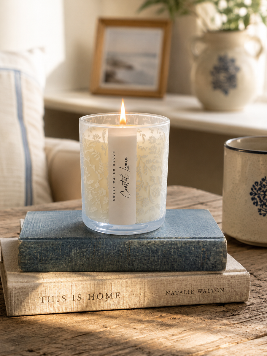 Coastal Lemon Blue Floral Candle