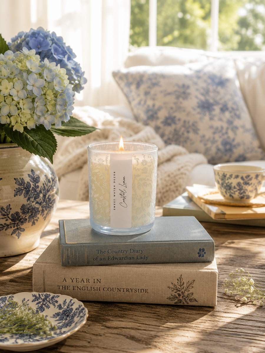 Coastal Lemon Blue Floral Candle