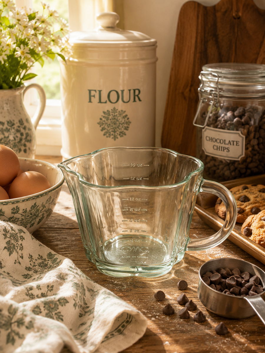 Green Flower Cottage Farmhouse Glass Measuring Cup