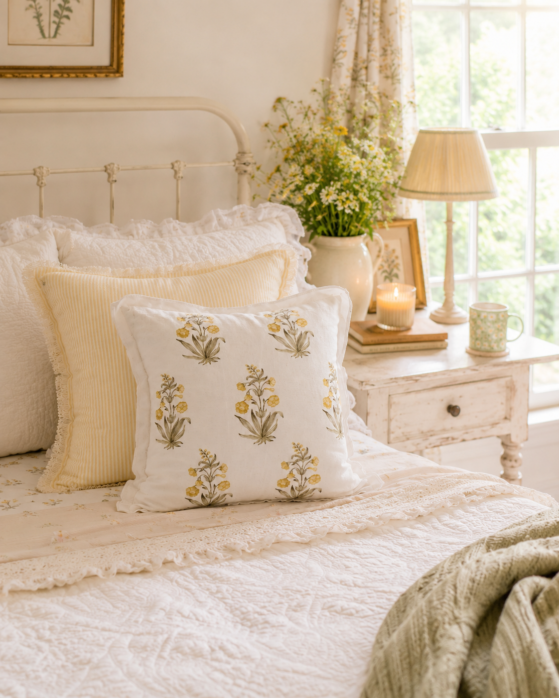 Yellow Floral Block Print Floral Pillow Cover
