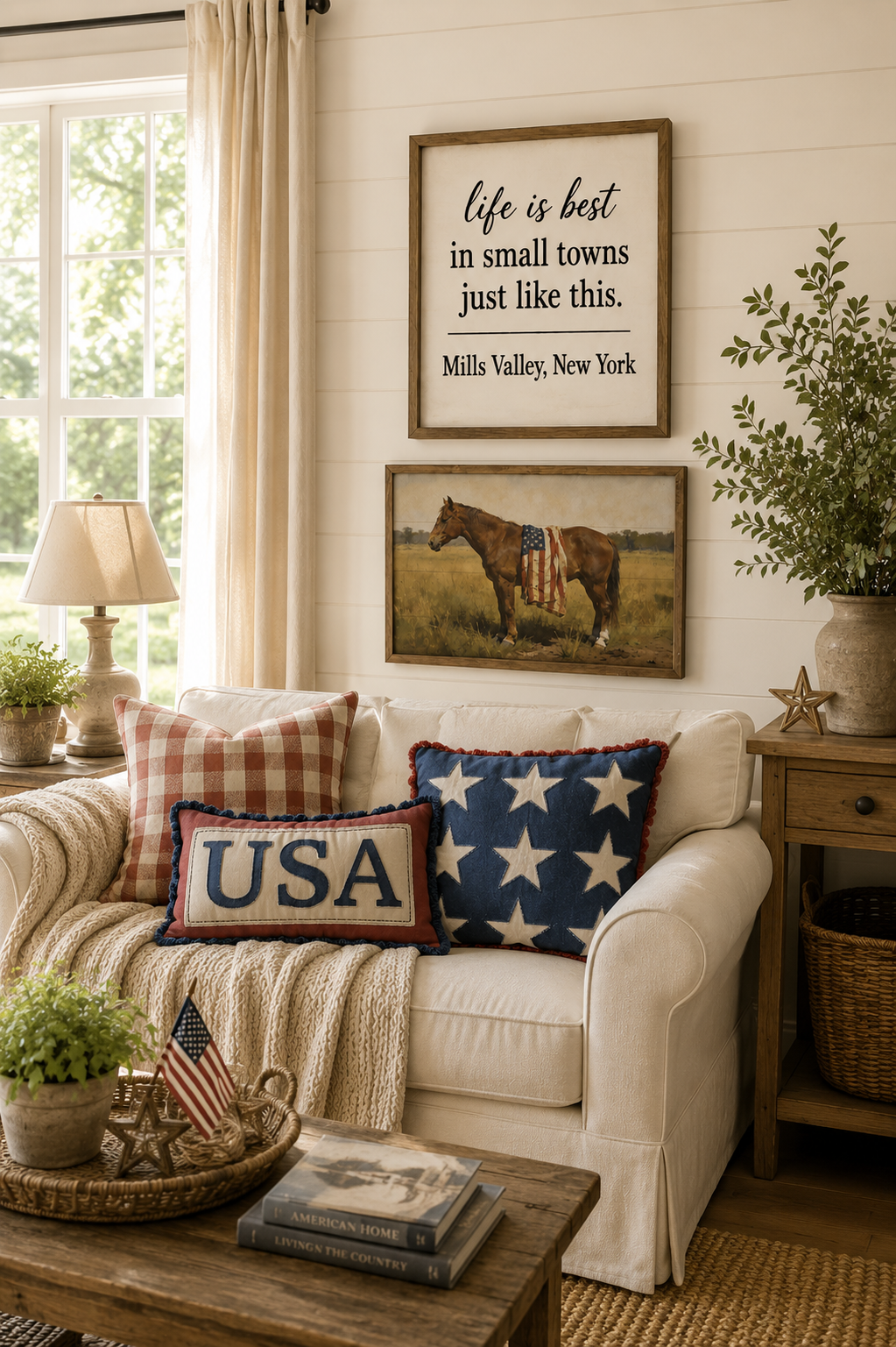 Bay Mare Horse with American Flag Americana Wall Art