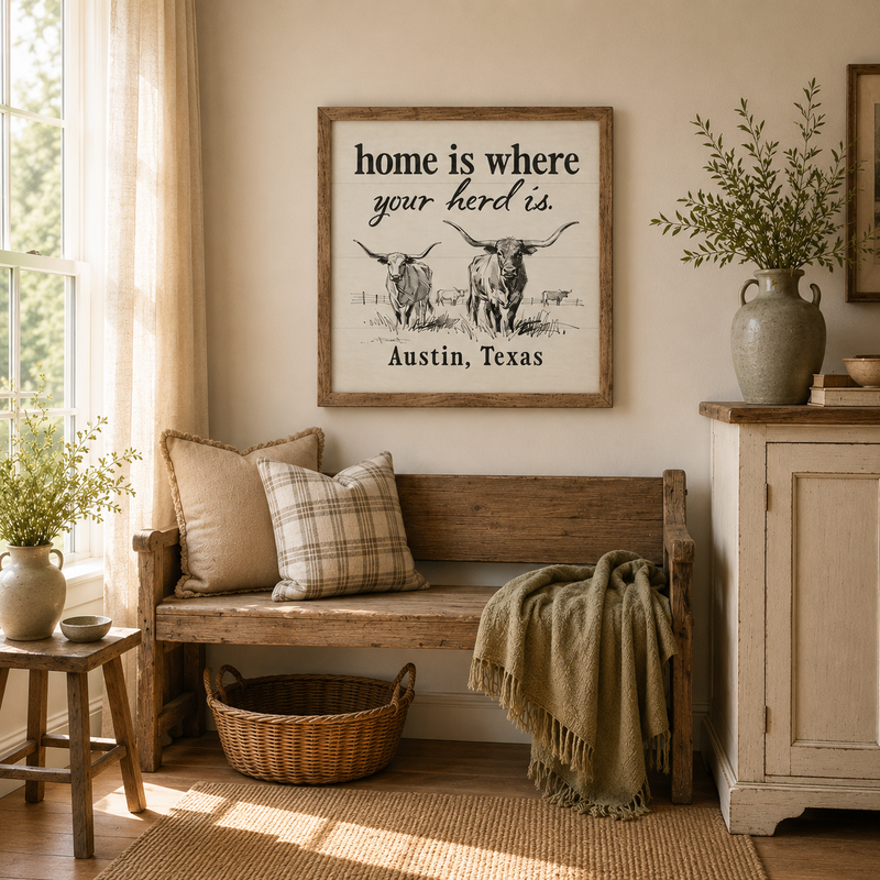 Home Is Where Your Herd Is Longhorn Personalized Heirloom Wall Art