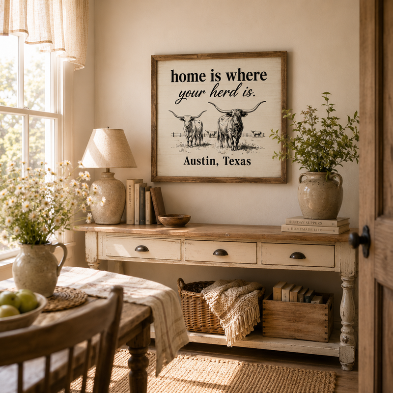 Home Is Where Your Herd Is Longhorn Personalized Heirloom Wall Art