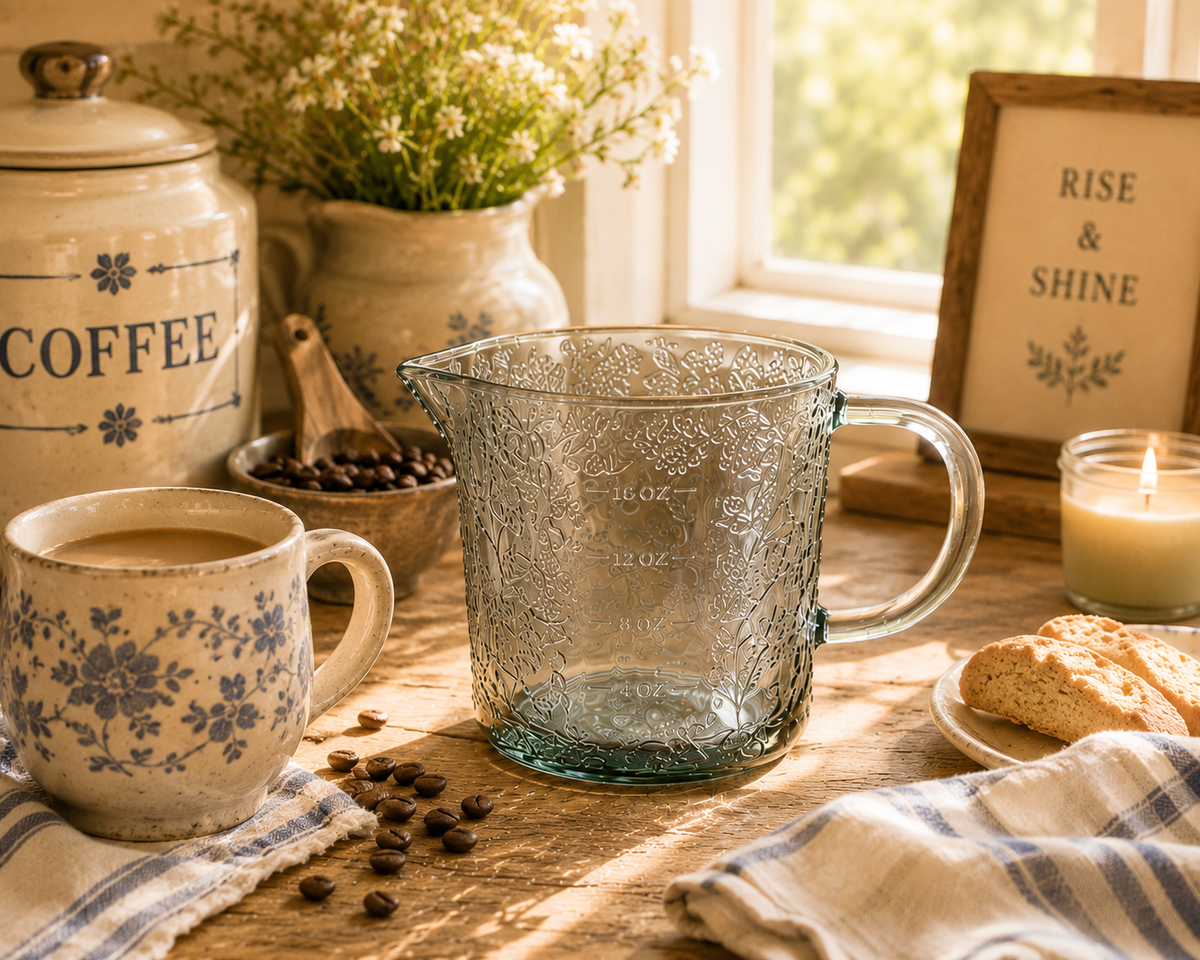 green floral glass measuring cup
