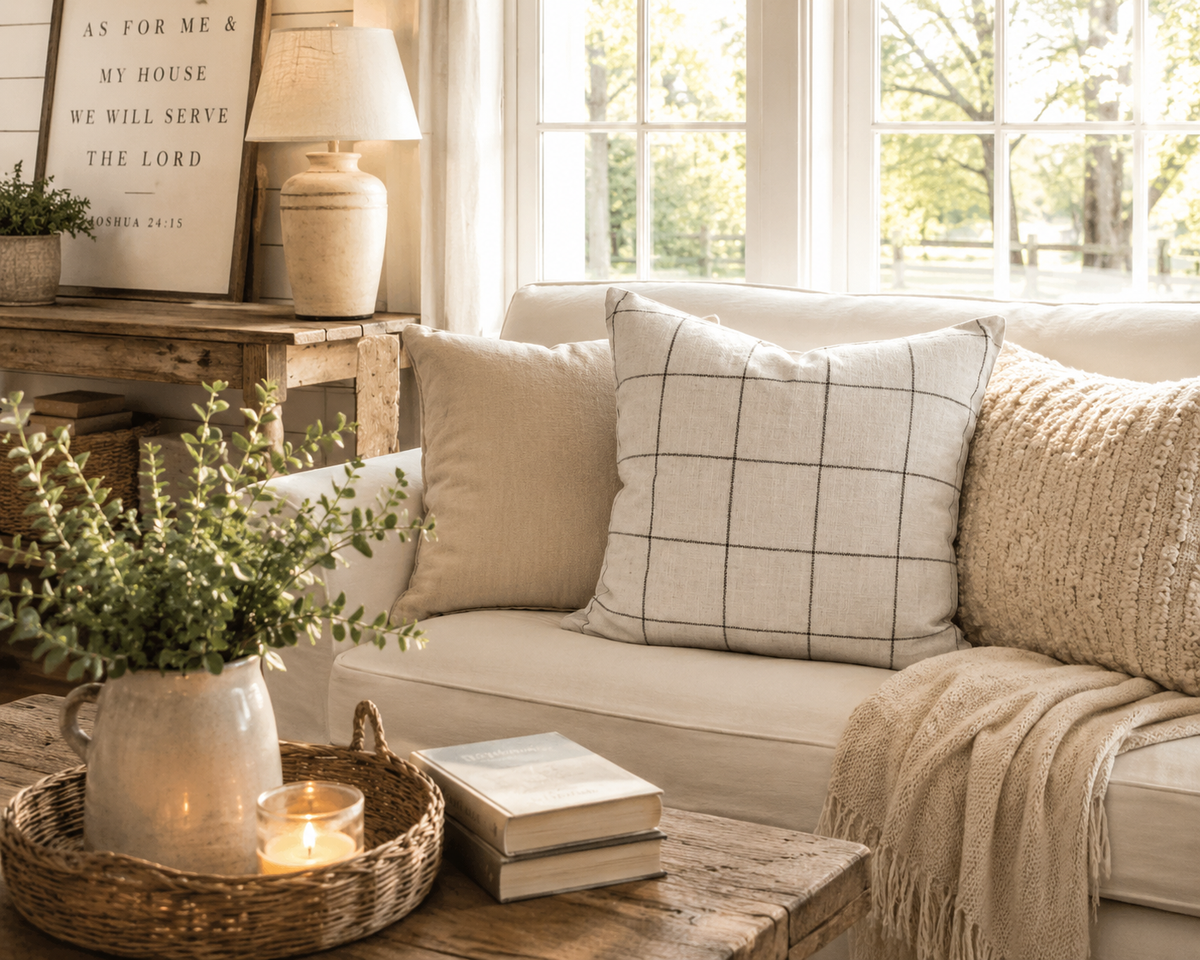 neutral farmhouse pillow
