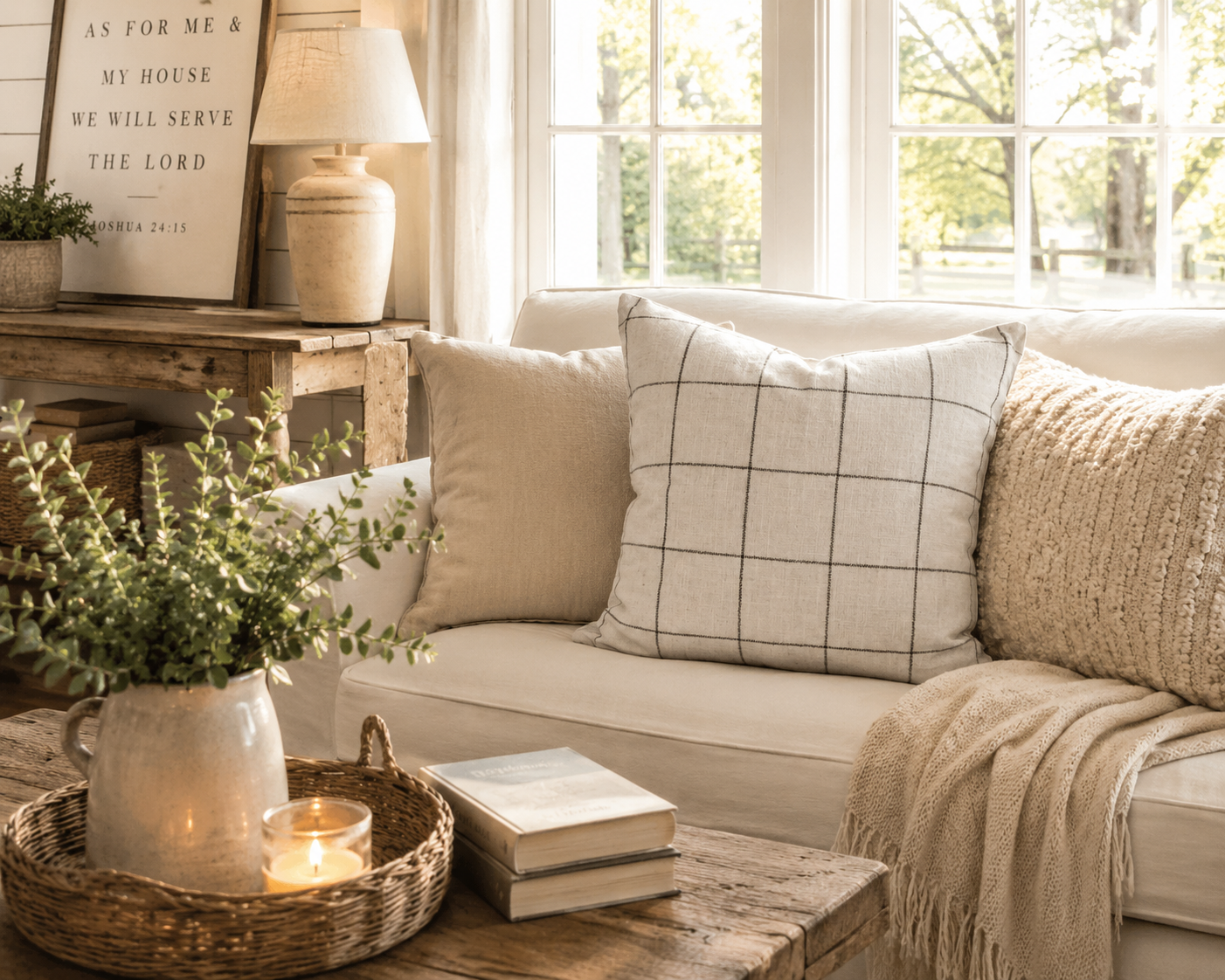 neutral farmhouse pillow
