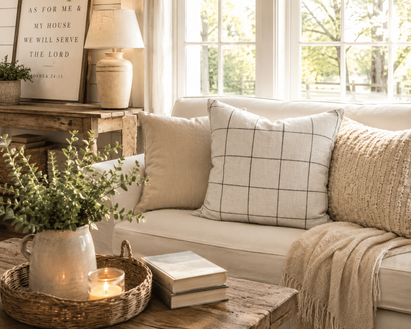 neutral farmhouse pillow
