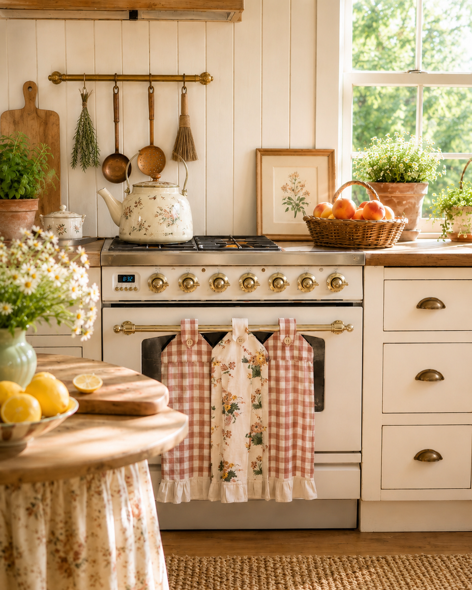 Gingham Floral Cottage Farmhouse Ruffled Kitchen Towels Set of 3