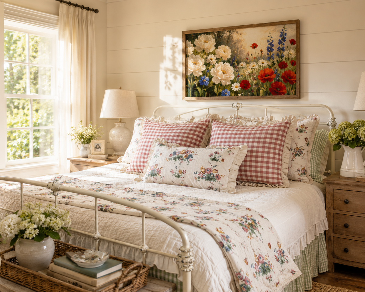 Gingham Floral Cottage Ruffled Cotton Pillow Covers - Set of 3