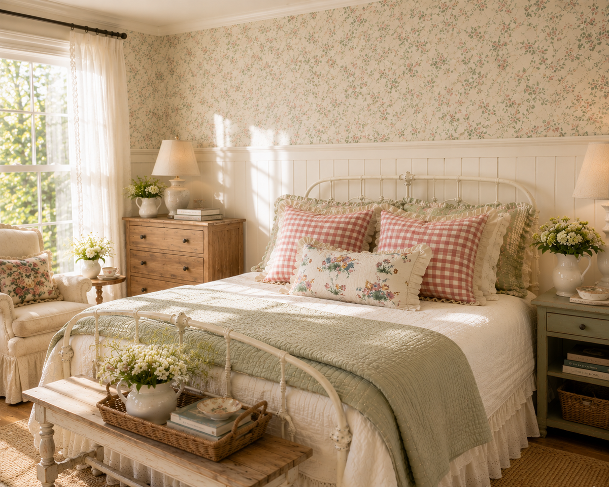 Gingham Floral Cottage Ruffled Cotton Pillow Covers - Set of 3