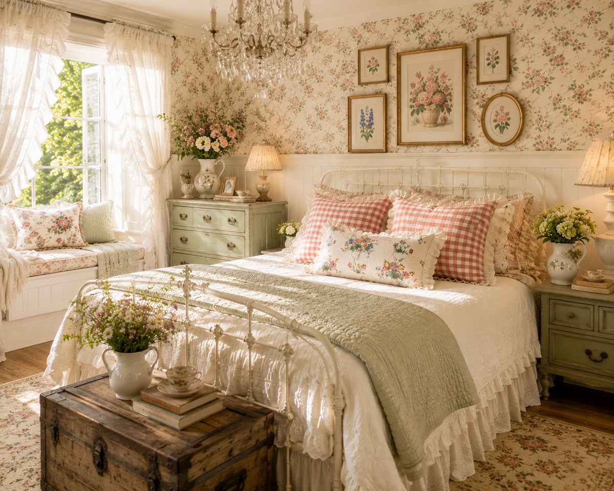 Gingham Floral Cottage Ruffled Cotton Pillow Covers - Set of 3