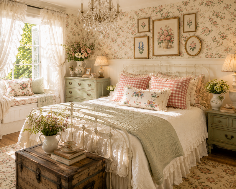 Gingham Floral Cottage Ruffled Cotton Pillow Covers - Set of 3