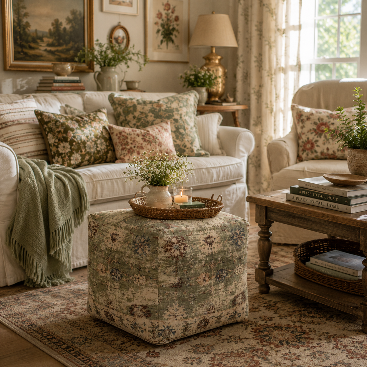 Vintage Floral Pouf Ottoman